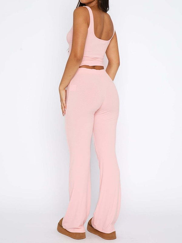 Solid Breasted Tank Top Lace Up Pants Sets