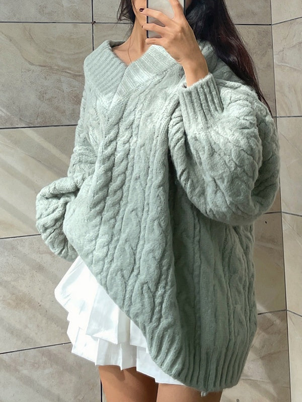 Twist Design V Neck Loose Sweaters