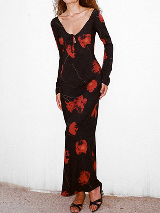 Contrast Abstract Print V-Neck Tie Maxi Dresses