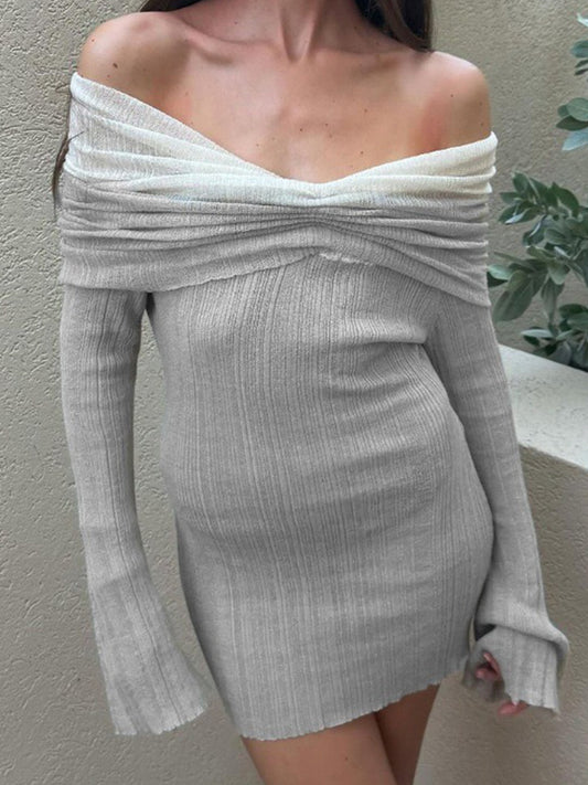 One Shoulder Color Block Knitted Long Sleeves Mini Dresses