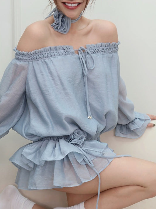 Boat Neck Ruffled Chiffon Slim Fit Waist Mini Dresses