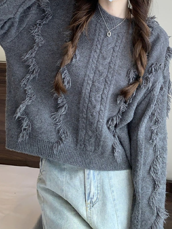 Solid Tassel Cable Knit Sweaters