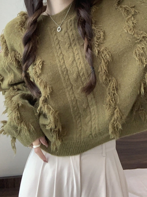 Solid Tassel Cable Knit Sweaters