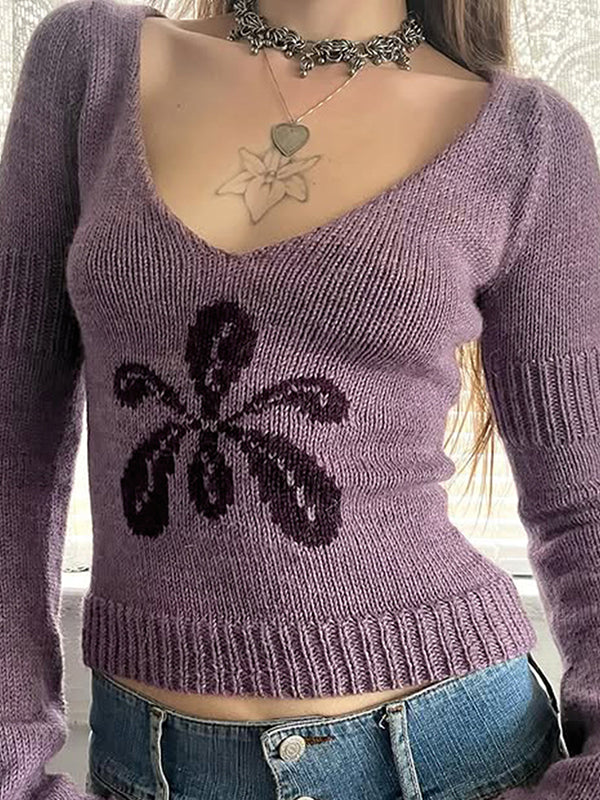 Flower Vintage Round Neck Knitted Sweaters