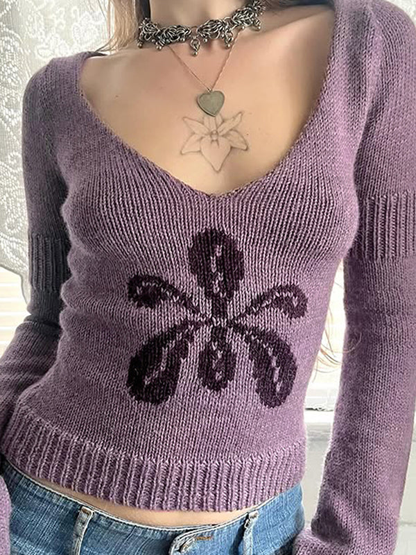 Flower Vintage Round Neck Knitted Sweaters