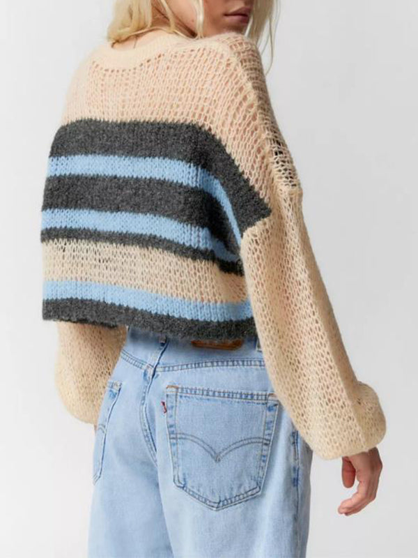 Contrast Color Striped Loose Cropped Sweater