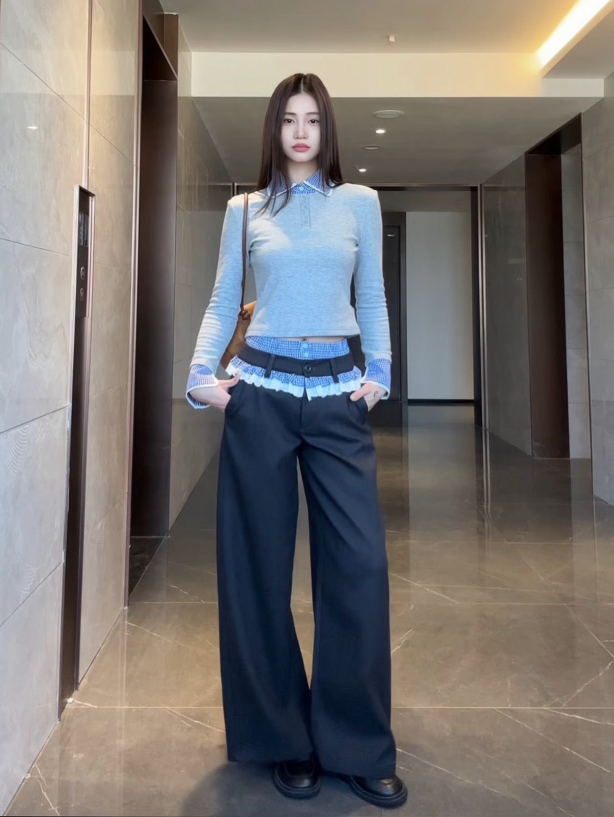 Patchwork Long Sleeve Double-Waistband Sets