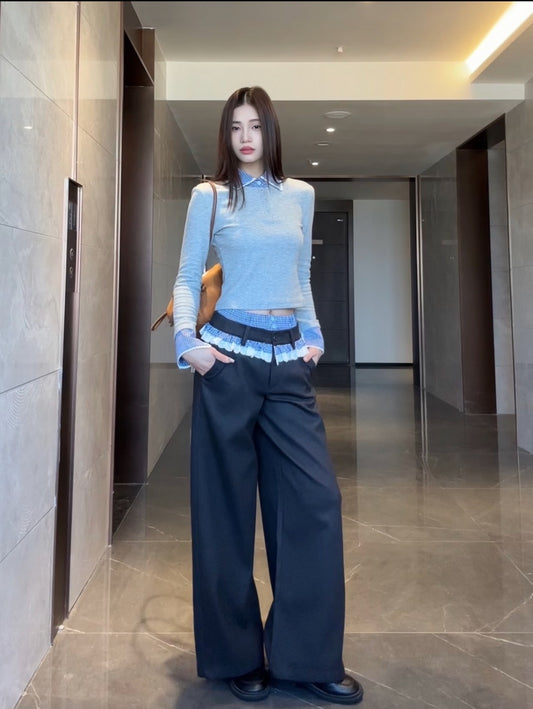 Patchwork Long Sleeve Double-Waistband Sets