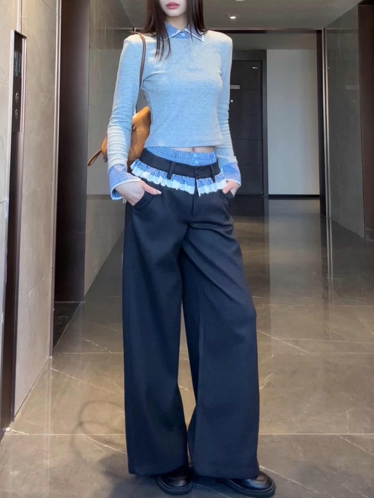 Patchwork Long Sleeve Double-Waistband Sets