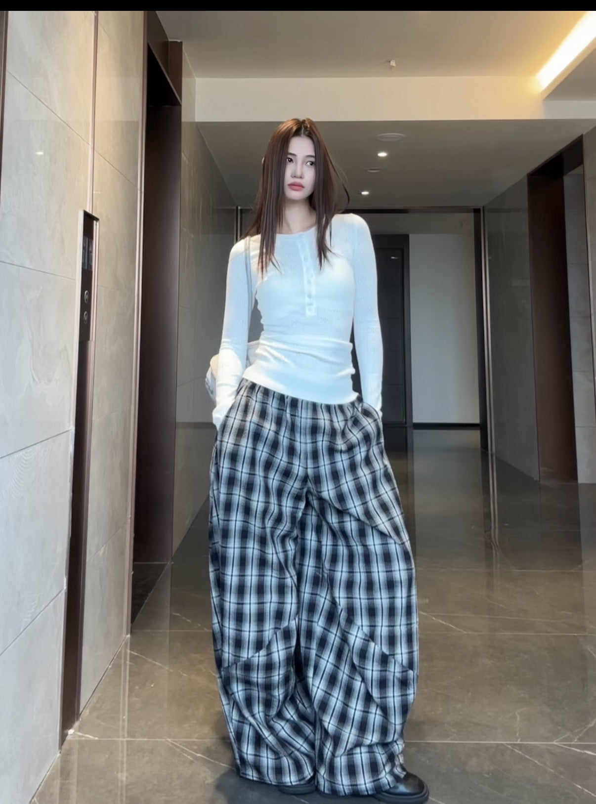 Relaxed Fit Plaid Casual Pants